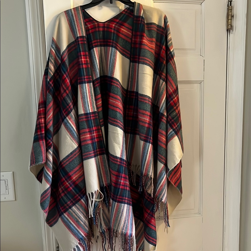 Red and Cream Plaid Scarf with Fringe